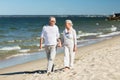 Happy senior couple holding hands on summer beach Royalty Free Stock Photo