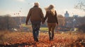 Happy senior couple jumping in park back view. Generative AI. Royalty Free Stock Photo