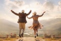 Happy senior couple jumping. View from behind on blurred background. Generative AI Royalty Free Stock Photo