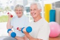 Happy senior couple lifting dumbbells in gym Royalty Free Stock Photo