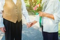 Happy senior couple love story. Old couple is walking in the green park. Grandmother and grandfather laughing. Elderly people Royalty Free Stock Photo