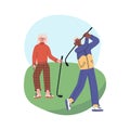Happy senior couple playing golf in club park. Elderly man and woman lead active lifestyle. Grandmother and grandfather