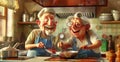 happy senior couple prepare food at kitchen and laughing, older man and woman making dinner, in style of 3d cartoon Royalty Free Stock Photo