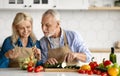 Happy senior couple preparing healthy salad together in kitchen interior Royalty Free Stock Photo