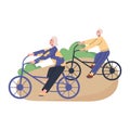 Happy senior couple riding bicycles in the park. Elderly man and woman lead an active lifestyle. Grandmother and