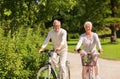 Happy senior couple riding bicycles at summer park Royalty Free Stock Photo