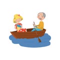 Happy senior couple rowing a boat on lake cartoon vector Illustration
