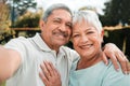 Happy senior couple, selfie and portrait in park, garden and nature of love, care and happiness. Man, woman and taking Royalty Free Stock Photo
