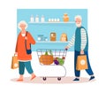 Happy senior couple is shopping with cart and basket in grocery store Royalty Free Stock Photo