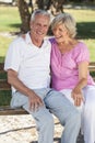 Happy Senior Couple Sitting on Bench in Sunshine