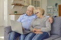 Happy senior couple sitting on couch with laptop, video calling family or shopping online