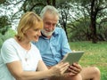 Happy Senior couple sitting on the green grass and enjoying using laptop for online entertainment in the park, Happy life and Royalty Free Stock Photo