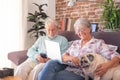 Happy senior couple sitting on sofa at home with their old pug dog, using computer and mobile phone Royalty Free Stock Photo