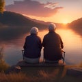 Happy senior couple sitting in summer near lake during sunset