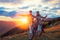 Happy senior couple on their bike. Bicycle, activity. Celebrating Royalty Free Stock Photo