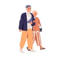 Happy senior couple walking. Elder aged man and woman, wife and husband strolling. Elderly old retired people, spouse in