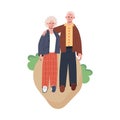 Happy senior couple walking in the park. Elderly man and woman lead an active lifestyle. Grandmother and grandfather