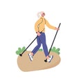 Happy senior doing nordic walking with stikcs in park. Elderly woman lead active lifestyle. flat vector modern