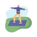 Happy senior doing yoga balance exercises in park. Elderly woman lead active lifestyle. flat vector modern illustration