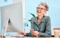 Happy senior, executive woman and computer at office desk, smile and reading on social media, email or meme. Elderly