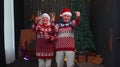 Happy senior family couple celebrating Christmas at home, clinking glasses and drinking champagne Royalty Free Stock Photo