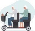 Happy senior family driving electric tandem mobility scooter with dog in a basket