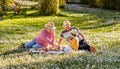 Happy senior family in straw hats having picnic with grandson Royalty Free Stock Photo