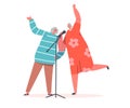 Happy Senior Female Characters Cheerfully Singing Songs in Karaoke Bar, Old Ladies Couple with Performing Microphones