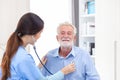 happy senior male patient health check and takecare by young female doctor or nurse at home after retirement for good health Royalty Free Stock Photo