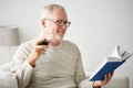 Happy senior man drinking wine and reading book Royalty Free Stock Photo