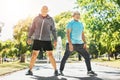 Happy senior man, friends and stretching in nature for workout, training or outdoor exercise together. Mature people in Royalty Free Stock Photo