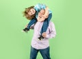 Happy senior man with his grandson hugging. Male Family Concept. Positive Boy, Father and Son. Grandfather carries Royalty Free Stock Photo