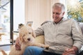 Happy senior man play with dog on sofa in home living room relax and bonding together for fun, care and happiness