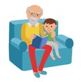 Happy senior man sitting on the sofa read book for his grandson.