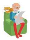 Happy senior man sitting on the sofa read newspaper and rest with cat. Royalty Free Stock Photo