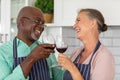 Happy senior multiracial couple toasting red wine in kitchen at home Royalty Free Stock Photo