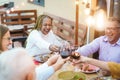 Happy senior multiracial friends cheering with wine and eating barbecue - Focus on african woman Royalty Free Stock Photo