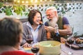 Happy senior people having fun at barbecue dinner - Multiracial mature friends eating at bbq meal - Food, friendship, relationship Royalty Free Stock Photo