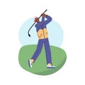 Happy senior playing golf in club park. Elderly man lead active lifestyle. flat vector modern illustration in trendy