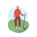 Happy senior playing golf in club park. Elderly woman lead active lifestyle. flat vector modern illustration in trendy