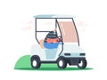 Happy Senior Smiling Man a Driving Golf Cart Across Green Isolated on White Background. Golf Player Character Sport Royalty Free Stock Photo