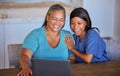 Happy senior woman and caregiver with laptop excited over video call, news or streaming exciting movie. Wow