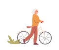 Happy senior woman cartoon character enjoying outdoor cycling walking in urban city park or forest