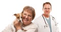 Happy Senior Woman with Dog and Male Veterinarian