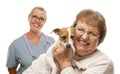 Happy Senior Woman with Dog and Veterinarian Royalty Free Stock Photo