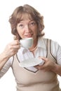 Happy senior woman drinking tea isolated Royalty Free Stock Photo