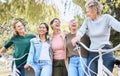 Happy senior woman, friends and laughing in joyful happiness enjoying fun time together at the park. Group of elderly Royalty Free Stock Photo