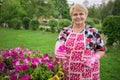 Happy senior woman in the garden showing colorful flowers
