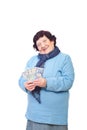Happy senior woman holding Romanian cash Royalty Free Stock Photo
