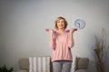 Happy senior woman making fitness training with dumbbells Royalty Free Stock Photo